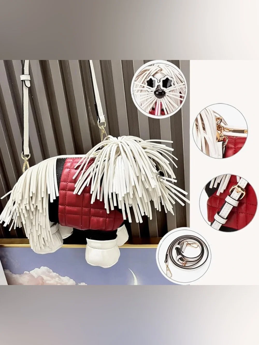 Novelty Fringe Puppy Crossbody Bag in Red and Cream